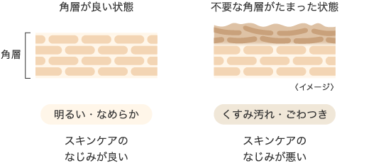角層が良い状態:明るい・なめらか。スキンケアのなじみが良い。不要な角層がたまった状態:くすみ汚れ・ごわつき。スキンケアのなじみが悪い。