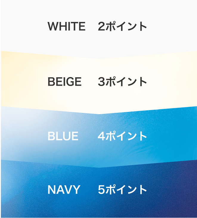 White：2ポイント、Beige：3ポイント、Blue：4ポイント、NAVY：5ポイント