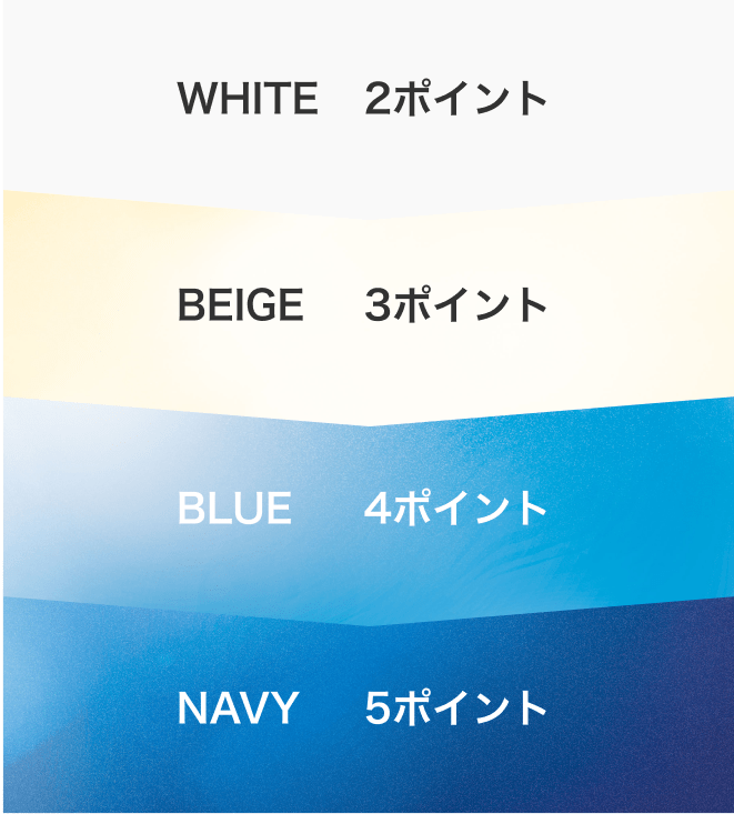White:2ポイント、Beige:3ポイント、Blue:4ポイント、NAVY:5ポイント