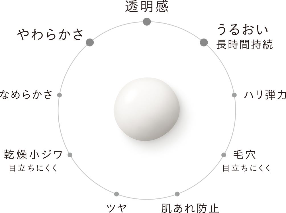 透明感／うるおい（長時間持続）／ハリ弾力／毛穴（目立ちにくく）／肌あれ防止／ツヤ／乾燥小ジワ（目立ちにくく）／なめらかさ／やわらかさ