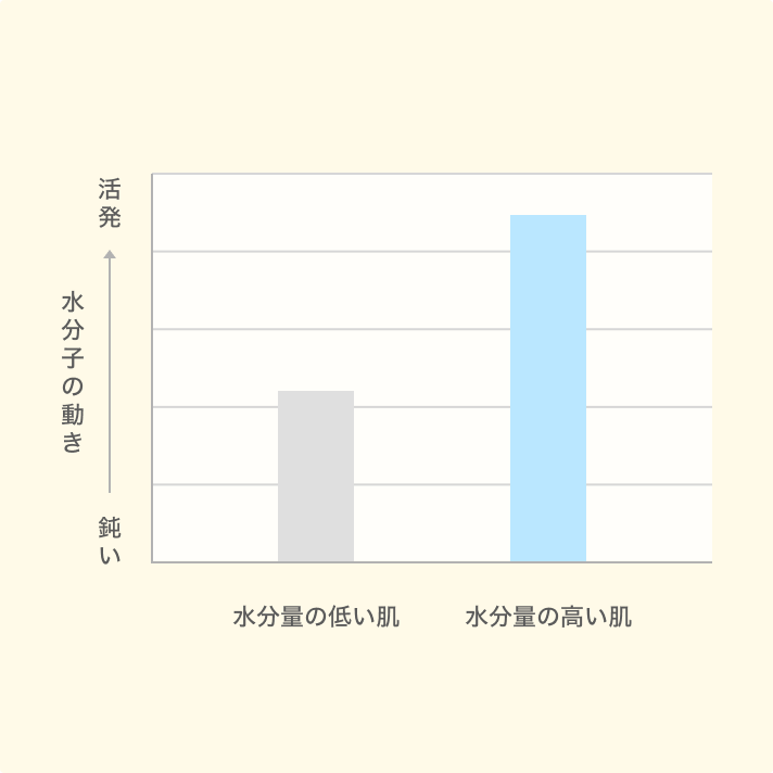 肌の水分量が低いときと高いときにおける水分子の動きのグラフ