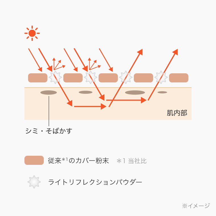シミ・そばかす 肌内部 従来＊1のカバー粉末 ＊1当社比 ライトリフレクションパウダー ※イメージ