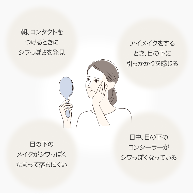 朝、コンタクトをつけるときにシワっぽさを発見 アイメイクをするとき、目の下に引っかかりを感じる 目の下のメイクがシワっぽくたまって落ちにくい 日中、目の下のコンシーラーがシワっぽくなっている