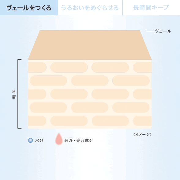 1.ヴェールをつくる:うるおいを与えて、肌表面にヴェールをつくり水分を溜める。2.うるおいをめぐらせる:角層深くまで生きいきとうるおいをめぐらせながら美容成分を角層のすみずみまで届ける。3.長時間キープ:うるおいに満ちた状態を保ち、ぷるぷる水感触の肌へ導く。