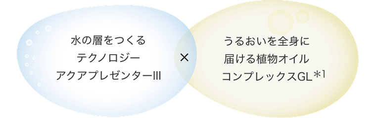 水の層をつくるテクノロジーアクアプレゼンターIII × うるおいを全身に届ける植物オイルコンプレックスGL＊1